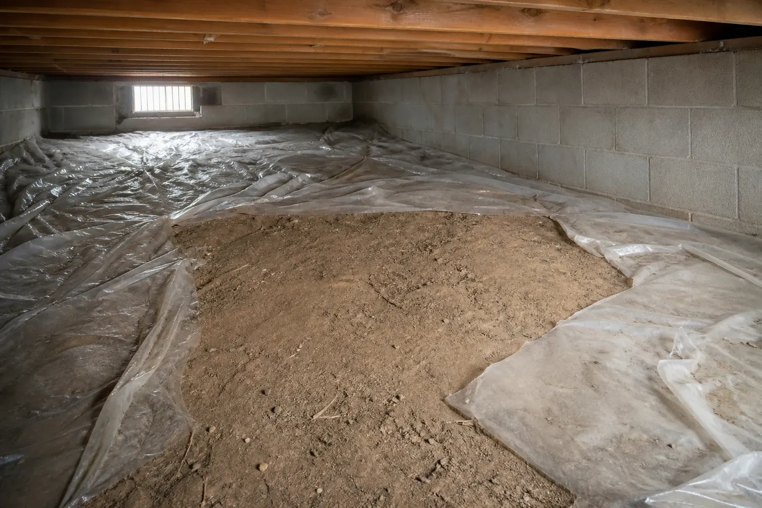 A damp, unsealed crawl space with bare soil and old sheeting — conditions that grow mold