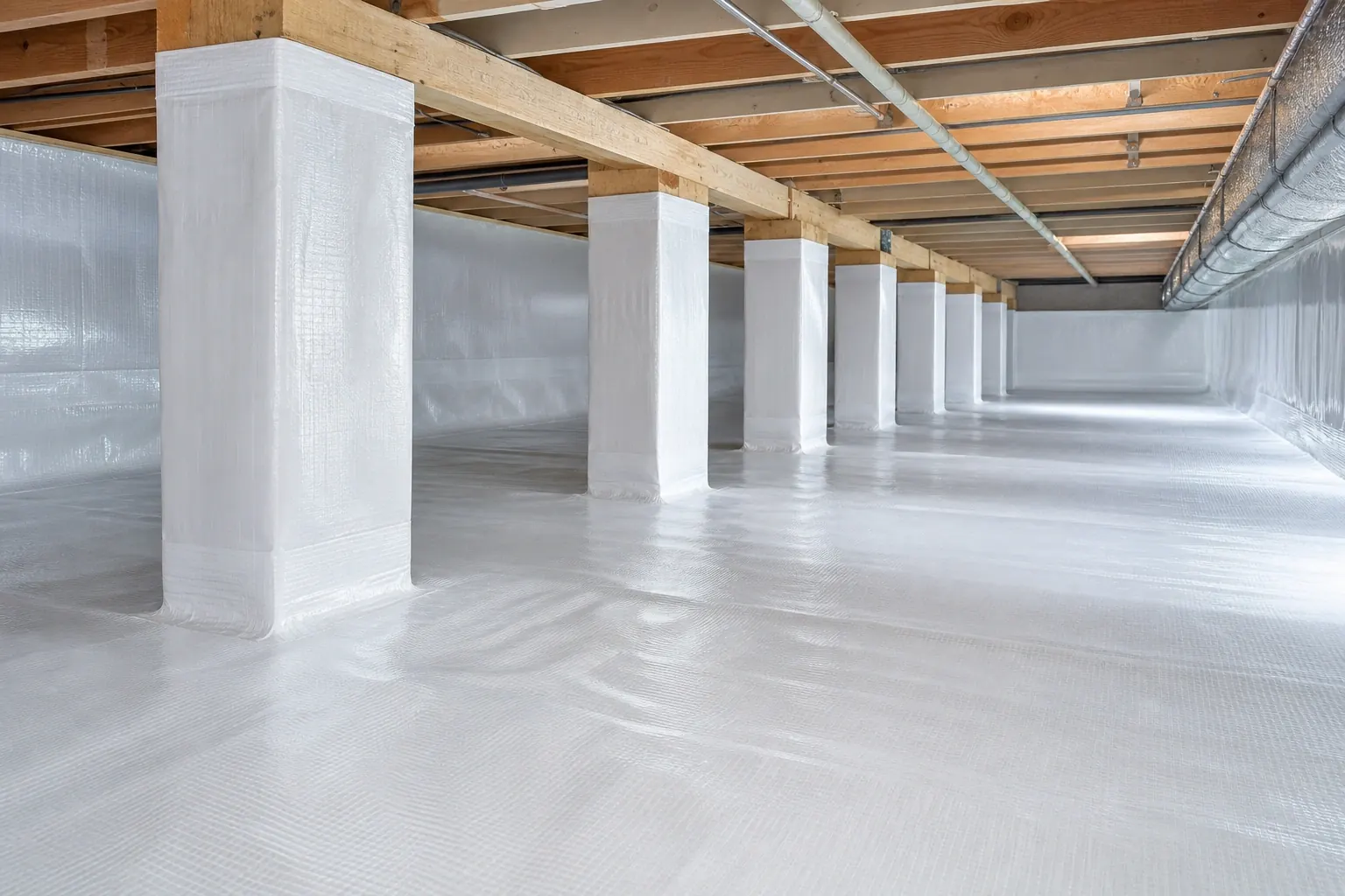 A professionally encapsulated crawl space: a row of support piers wrapped in bright white liner, floor and walls fully sealed, dry and immaculate