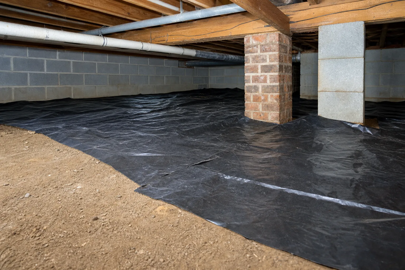 A crawl space liner coming away at the seam — encapsulation that did not hold